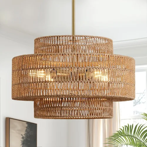 Vista 15 de 12.4” Candelabro de ratán boho, 1 luz, lámpara colgante tejida a mano, lámpara colgante rústica de estilo granja para isla de cocina, recámara