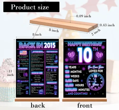 Vista 2 de Decoración de fiesta de cumpleaños número 10 para niño, póster de decoración de cumpleaños de neón en 2015, letrero de mesa acrílico, suministros