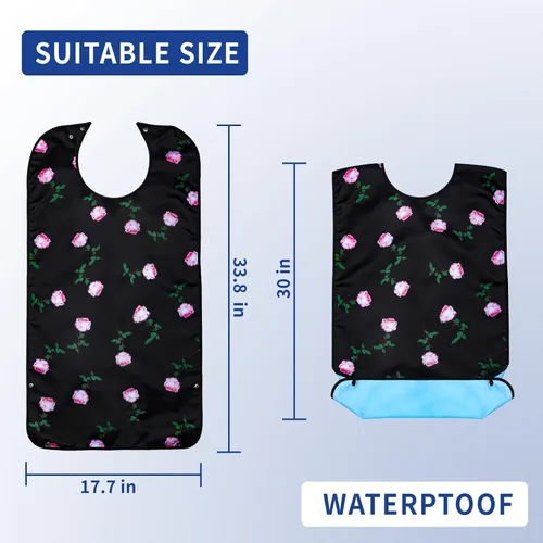 Vista 5 de Baberos para adultos para mujer, 1 paquete de babero impermeable para mujeres mayores con receptor de migas opcional, baberos para adultos mayores