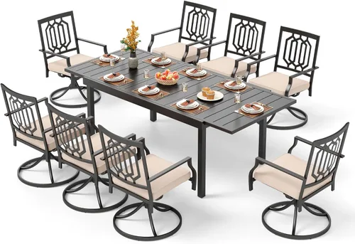 Vista 29 de PHI VILLA Juego de comedor al aire libre de 7 piezas para 6, mesa rectangular de metal negro de 60 pulgadas con agujero para sombrilla y sillas