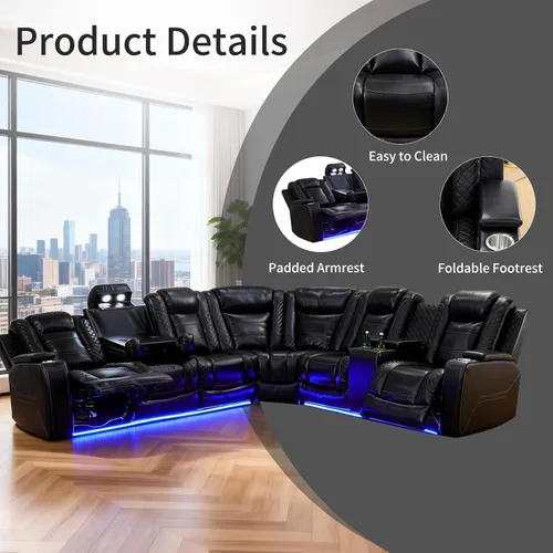 Vista 6 de Sofá modular reclinable eléctrico para sala de estar, moderno juego de sofá modular de cuero negro en forma de L, juego de sofá reclinable