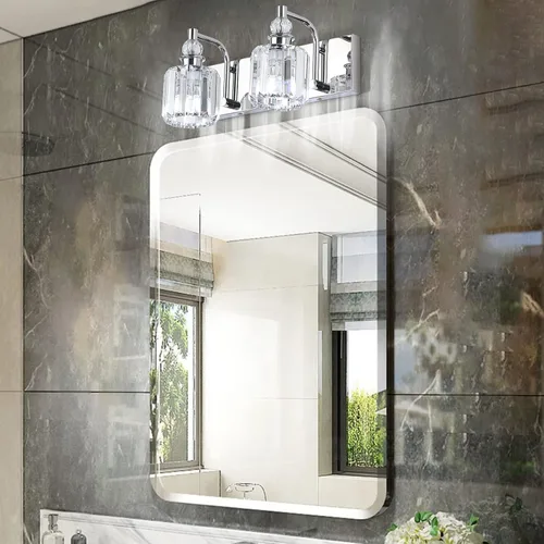 Vista 4 de Ralbay - Luces de tocador de cristal, 2 luces, modernas lámparas de cromo de cristal para iluminación de baño, para usar sobre el espejo