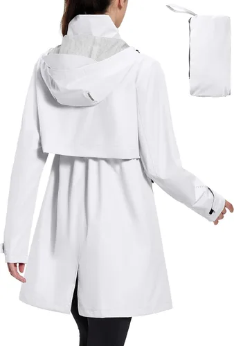 Vista 10 de baleaf Abrigo de lluvia largo para mujer, chaqueta de ciclismo plegable, impermeable, cortavientos, ligera, con capucha