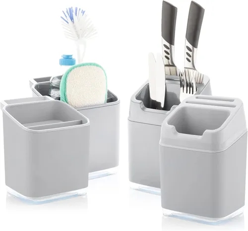 Vista 5 de Minky Homecare Organizador de esponja para fregadero con bandeja extraíble, riel para paños y boquilla de drenaje, organizador de huellas pequeñas