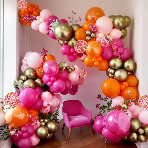Vista 4 de Kit de guirnalda de globos de arco de globos de color rosa y naranja, globos de confeti dorado rosa intenso, globos magenta para verano tropical