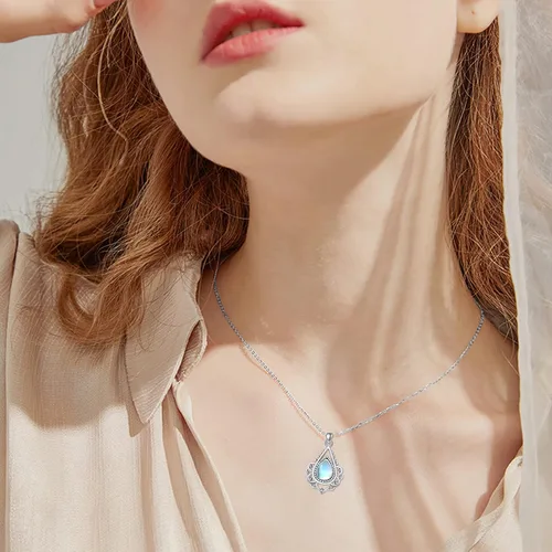 Vista 4 de OHAYOO Lotus Necklace 925 Sterling Silver Lotus Flower Moonstone Opal Pendant Necklace Gift Jewelry for Women