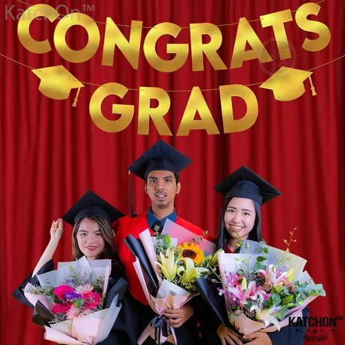 Vista 5 de KatchOn, Banner de graduación de felicitaciones doradas y negras con purpurina, 10 pies, pancarta de graduación dorada y negra, guirnalda de gorra