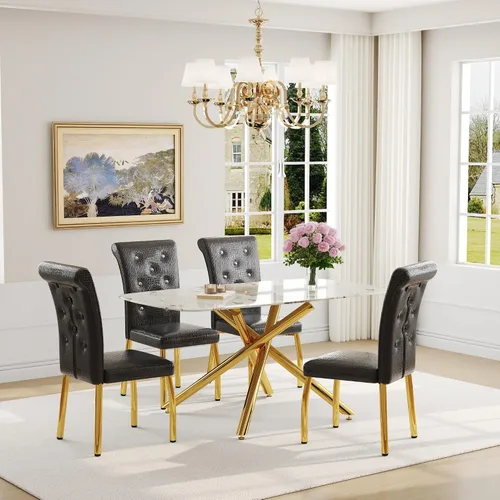 Vista 36 de Juego de mesa de comedor moderna para mesa de comedor negra de 4,63 pulgadas, juego de 4 con patas de metal dorado, mesa de cocina rectangular