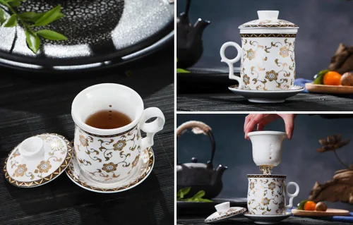Vista 3 de Taza de té de porcelana con tapa de infusor y juegos de platillos – Taza de café de cerámica china Jingdezhen Taza de té de hoja suelta Sistema