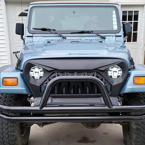 Vista 5 de Rejilla frontal tipo tiburón compatible con Jeep Wrangler TJ/LJ 1997-2006, negro mate, ABS