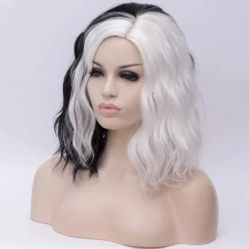 Vista 3 de Peluca corta rizada y ondulada en blanco y negro para mujer, disfraz de cosplay, Halloween
