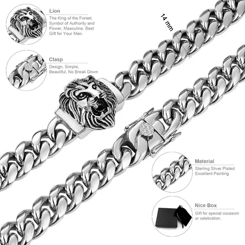 Vista 3 de Cadena de eslabones cubanos para hombre, gargantilla de león, collar de plata Hip Hop de 18 pulgadas, 20 pulgadas y pulsera de 8.5 pulgadas, juego