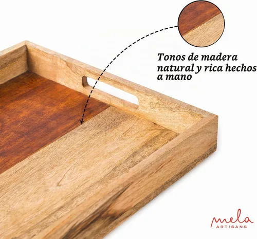 Vista 6 de Mela Artisans - Bandeja rectangular de madera de mango para servir, natural Bordes rectangulares