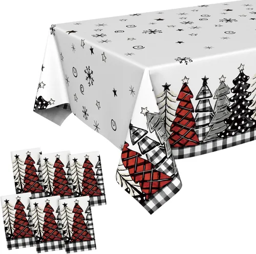 Vista 8 de Horaldaily 1 paquete de mantel desechable de Navidad, cubierta de mesa rectangular de plástico con árboles de nieve para decoración de fiesta