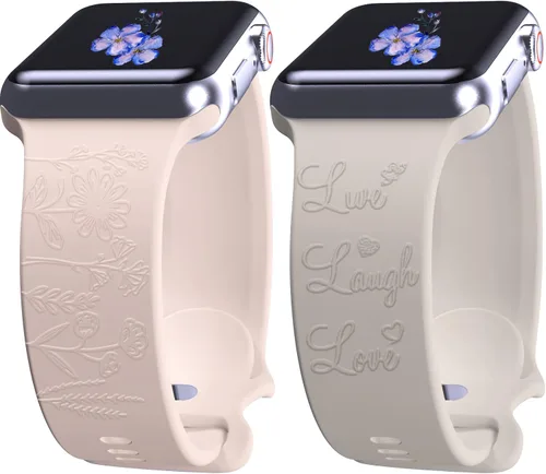 Vista 15 de 2 correas grabadas compatibles con Apple Watch Band 1.732 in 1.575 in 1.772 in, correa deportiva de silicona para mujeres y niñas, correa deportiva