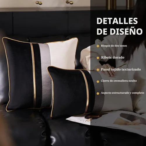 Vista 7 de Avigers - Funda de cojín decorativa de terciopelo, 20 x 20 pulgadas, diseño de rayas, cuero negro con blanco y dorado. Funda de cojín moderna