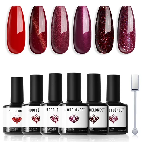 Vista 18 de modelones - Juego de 6 esmaltes en gel con efecto de ojo de gato cristalino, holográfico 9D, brillantina, negro, azul, morado, verde, con imán