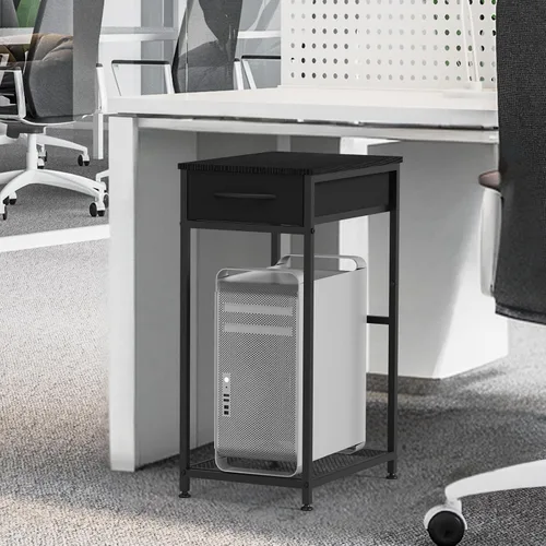 Vista 6 de CADUKE - Soporte de torre para computadora de 2 niveles, color negro, soporte de PC con cajón de tela Moderno soporte de impresora, patas