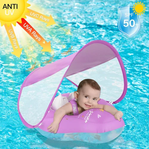 Vista 4 de LOOWARTS Flotador de bebé con dosel, flotador de piscina infantil con asiento de seguridad, flotador de natación y flotador de agua UPF50+