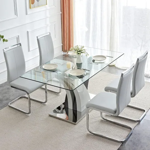 Vista 12 de NYEESS - Juego de mesa de comedor de cristal para 4, moderno juego de mesa de comedor de 63 pulgadas para 4