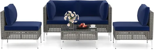 Vista 9 de Tangkula Juego de muebles de exterior de 5 piezas, juego de sofá modular acolchado de mimbre resistente con mesa de café de vidrio templado
