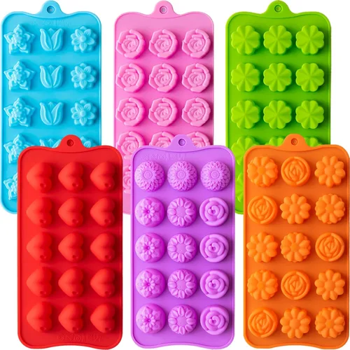 Vista 7 de 6 paquetes de moldes de silicona para caramelos de chocolate con forma de flor, moldes de silicona antiadherentes de grado alimenticio para gelatina