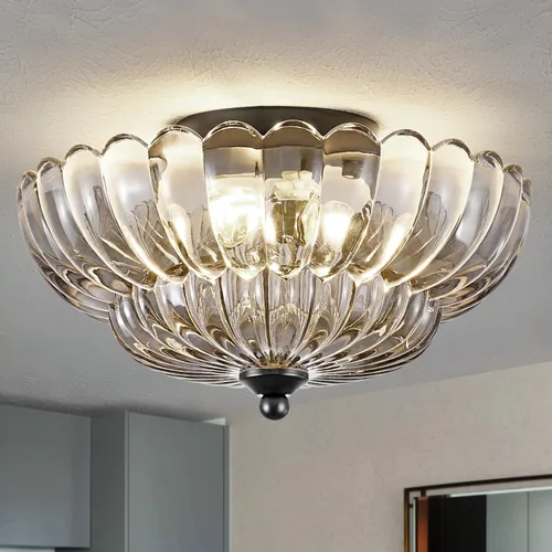 Vista 8 de Lámpara de techo semiempotrada, accesorio de lámpara de techo de vidrio ámbar, lámpara moderna negra de 3 bombillas cerca del techo, luces de techo