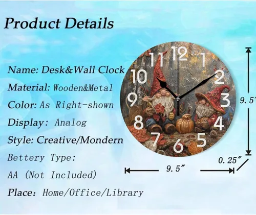 Vista 3 de Reloj de pared redondo retro de otoño con dos gnomos y calabaza de 10 pulgadas, funciona con pilas, reloj de escritorio analógico silencioso sin