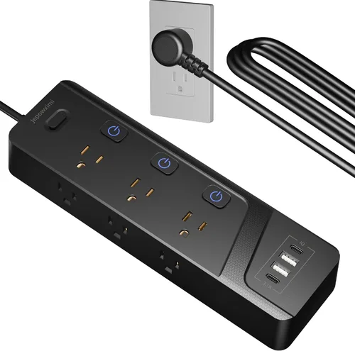 Vista 10 de Regleta protectora contra sobretensiones con interruptores individuales, 6 tomas de corriente ampliamente espaciadas con 2 USB C y 2 USB A, cable