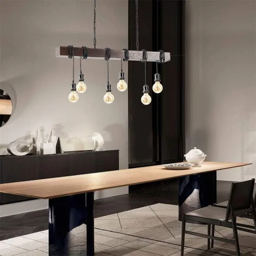Vista 5 de Eoyemin Lámpara colgante de madera rústica con 6 luces de estilo rústico y retro, línea de suspensión industrial, se puede ajustar libremente