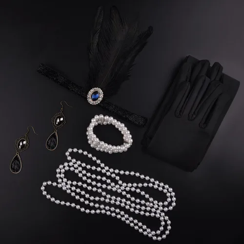 Vista 8 de FEPITO Juego de accesorios Great Gatsby de los años 20 para mujer, diadema con solapa