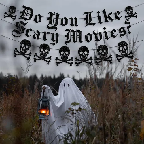 Vista 4 de Cartel de películas de terror con texto en inglés "Do You Like Scary Movies", guirnalda gótica de calavera inglesa, decoración de noche de películas