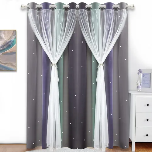 Vista 11 de Cortinas Opacas con Corte de Estrella Arcoíris para Dormitorio de Niñas - Doble Capa con Ojales Superiores para Sala de Estar, 2 Paneles