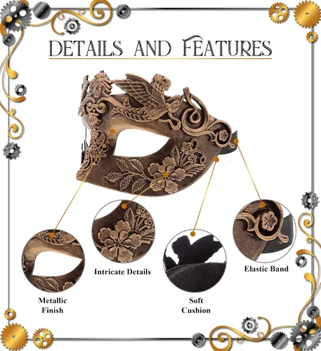 Vista 3 de Máscara de baile de máscaras real veneciana, máscara steampunk de media mascarada, accesorio de disfraz barroco