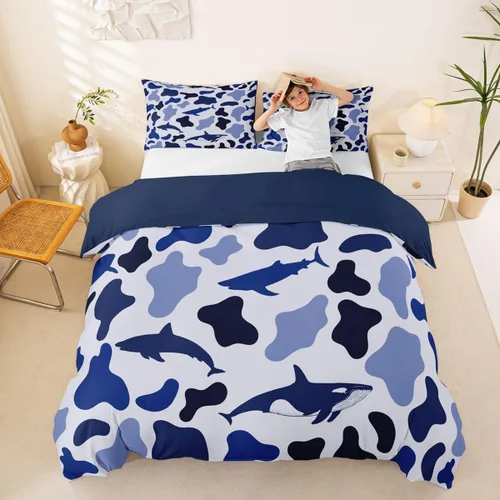 Vista 3 de Manfei Juego de funda de edredón de camuflaje de animales marinos, tamaño individual, juego de ropa de cama de camuflaje de tiburones y ballenas