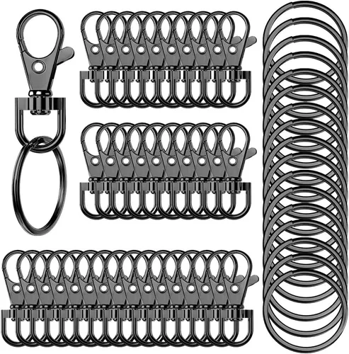 Vista 9 de 50 llaveros giratorios de alta calidad con llaveros, clip de llavero de metal y llavero, 25 ganchos para llavero y 25 llaveros para cordón, Negro