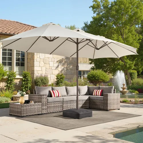 Vista 14 de HOOOWOOO Sombrilla de doble cabeza de 15 pies para patio al aire libre con Beige