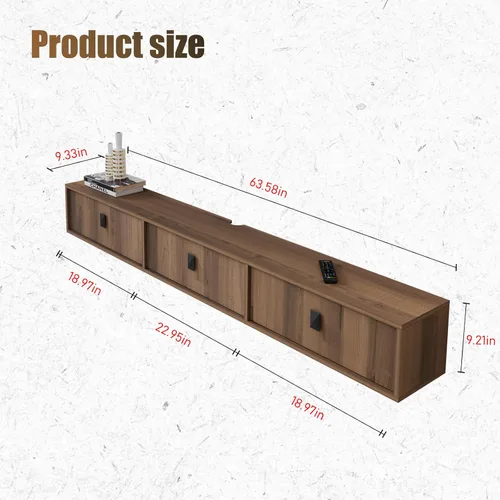 Vista 4 de Estante flotante de madera maciza para TV, armario de TV montado en la pared de 63 pulgadas, estantes flotantes con 3 puertas, centro de consola