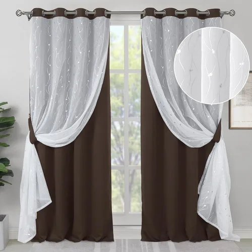 Vista 18 de BGment Cortinas de oscurecimiento de habitación con superposición transparente, cortinas de tul estampado plateado de doble capa para sala de estar