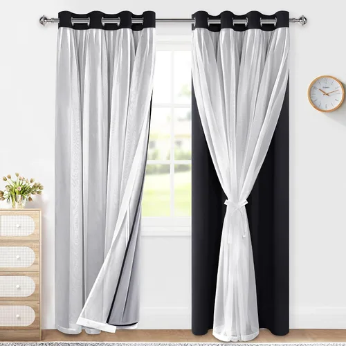 Vista 25 de XWZO Cortinas 100% opacas de doble capa para guardería, cortinas opacas con superposición transparente para dormitorio de niñas, cortinas