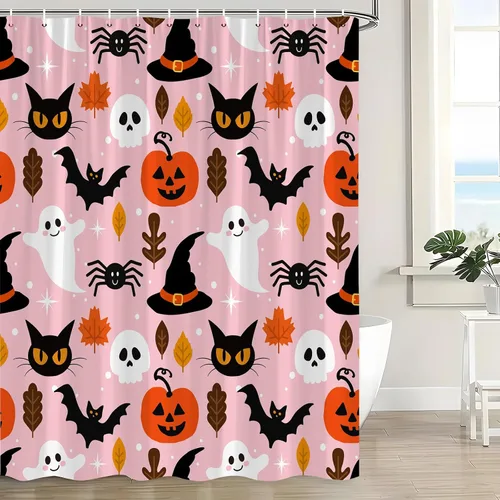 Vista 13 de Cortina de ducha azul de Halloween, linda cortina de baño de fantasma, terror, calabaza, espeluznante, gato negro, calavera aterradora, murciélago