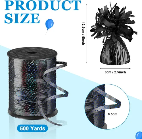 Vista 2 de Yunsailing 25 globos metálicos pesados con cinta iridiscente de 500 yardas, anclajes de soporte de globos de 5.3 onzas para globos de helio, Negro