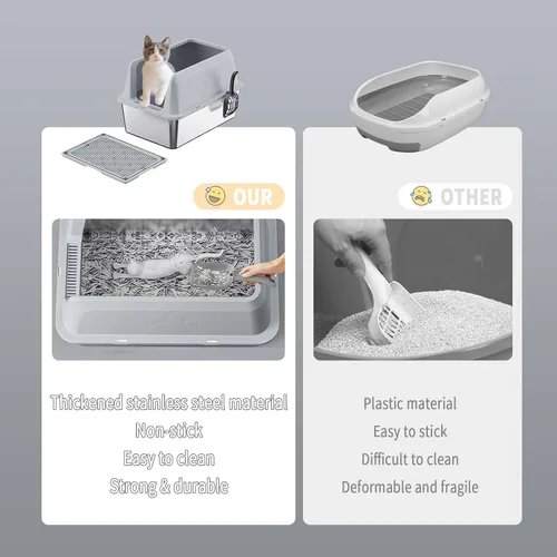 Vista 5 de Caja de arena de acero inoxidable, caja de arena grande para gatos con alfombrilla de arena para gatos, 23.62 pulgadas de largo x 15.75 pulgadas