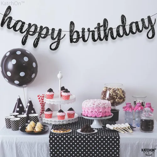 Vista 9 de Cartel cursivo negro de feliz cumpleaños – pre-encordado, 10 pies Decoraciones de feliz cumpleaños con purpurina para mujeres, hombres, niños