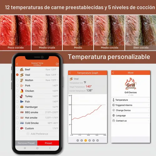 Vista 4 de BFOUR Termómetro de carne inalámbrico Bluetooth, termómetro digital LCD para carne con doble sonda, termómetro remoto inalámbrico para ahumador