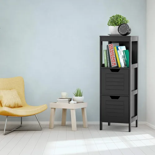 Vista 5 de Tangkula Armario de suelo de baño, torre de almacenamiento de madera estrecha con 2 cajones conmutables, almacenamiento lateral multifuncional