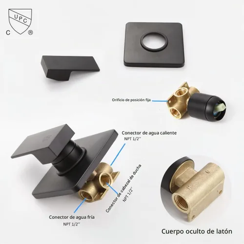 Vista 5 de Conjunto de llave de regadera color negro mate, sistema de regadera de lluvia para baño con cabezal de regadera de metal de acero inoxidable, kit