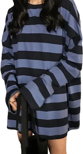 Vista 12 de Camiseta Harajuku de gran tamaño a rayas de manga larga con cuello redondo para mujer NegroGris