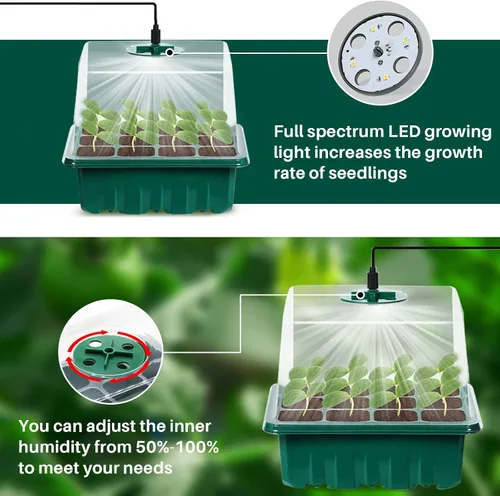 Vista 2 de Kit de bandeja de inicio de semillas con luz de crecimiento, paquete de 5 bandejas de semillas para plantas con cúpulas de humedad y cubiertas