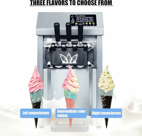Vista 4 de Máquina de helado suave comercial, máquina eléctrica de helado de 1250 W, máquina de helados de 3 sabores, panel LCD de limpieza automática